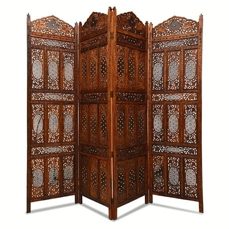 Anglo-Indian Carved Four-Panel Folding Screen, Brass Inlay