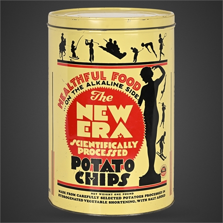 1930s–40s New Era Potato Chips Tin – Retro “Science” Snack Era