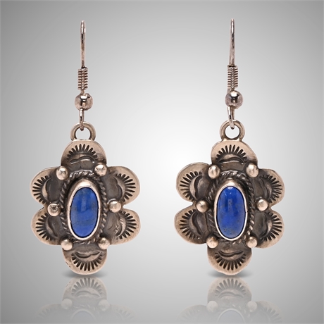 Pair Sterling & Lapis Concho Style Earrings