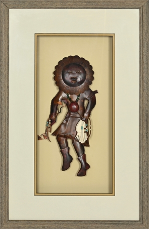 Copper Sunface Kachina in Rustic Shadowbox Frame