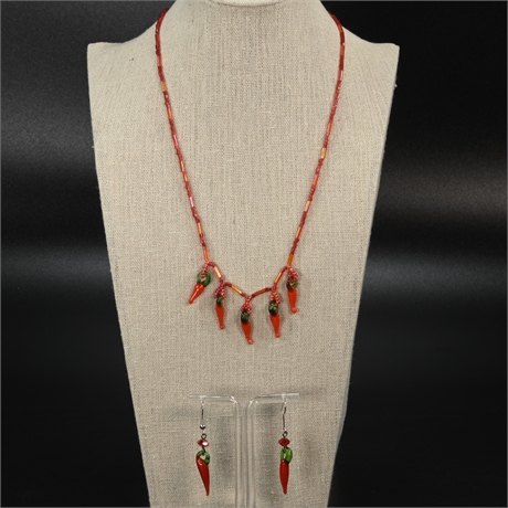 Blown Glass Chile Pepper Earring and Necklace Set