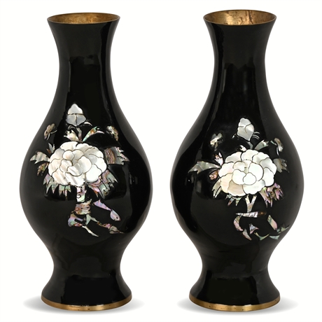 Pair Vintage Lacquer & Mother of Pearl Vases