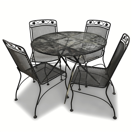 Vintage Iron Patio Set — Folding Table & 4 Mesh Chairs