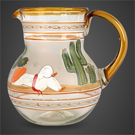 Hand Blown Art Glass Pitcher Cactus Scene, Figural Desert Motif - Amber
