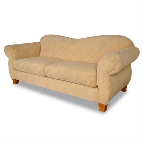 Klaussner “Dopler” Sofa – Beige Jacquard, Rolled Arms, Curved Back