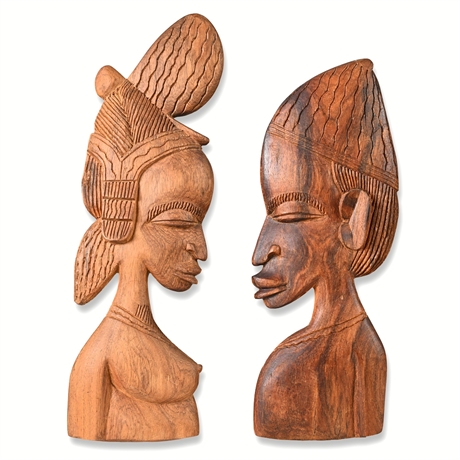 Mid-Century African Wall Plaques — Hand-Carved Male & Female Busts, Yoruba Style