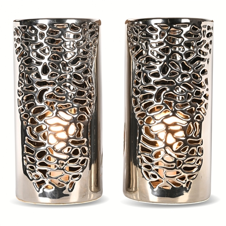 Pair of Contemporary Chrome Ceramic Openwork Table Lamps, 14"