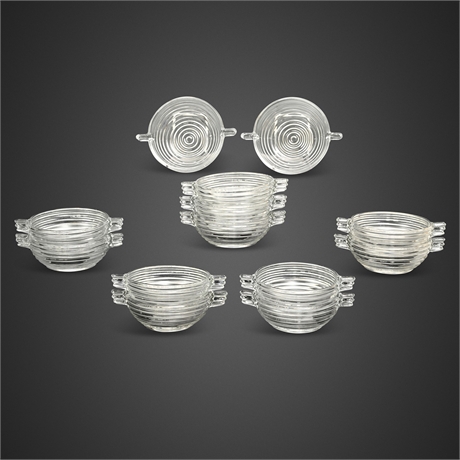 Anchor Hocking Manhattan Pattern Ribbed Glass Handled Bowls, Set of 13