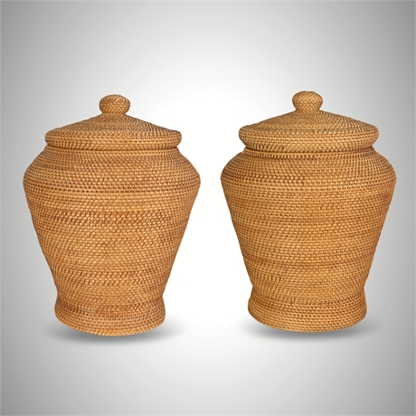 Pair of Large Hand-Coiled Lidded Rattan Urn Baskets, "I, David Porras," 20"