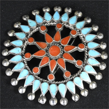 Zuni Turquoise & Coral Inlay Brooch Attributed to Fadrian Bowannie