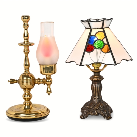 Pair of Vintage Miniature Lamps – Brass Chimney & Stained Glass Hex Shade