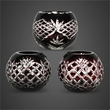 Bohemian Ruby Cut-to-Clear Crystal Rose Bowls, Set of Three