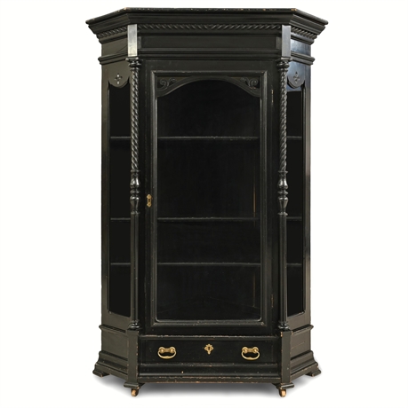 Late 19th C. Black Painted Corner Cabinet w/ Glass Door & Drawer