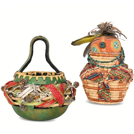 Hand Carved Gourd Basket and Gourd Doll