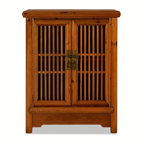 Chinese Slatted-Door Cabinet in Warm Honey Wood, Brass Lock Hardware