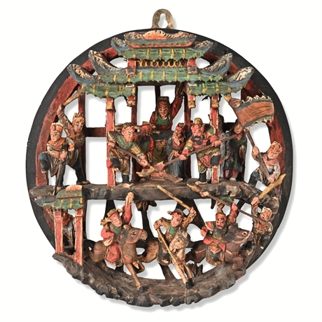 19th C Chinese Round Polychrome Battle Carving, Architectural Fragment