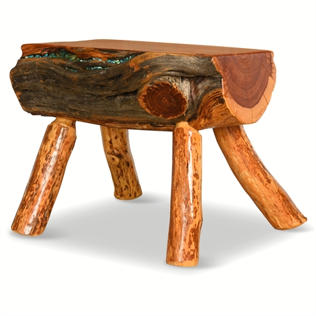 Rustic Mesquite Stool or Side Table with Turquoise Inlay