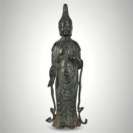 Cast Iron Guanyin Bodhisattva Statue — Verdigris Patina, 16", Mid-20th Century