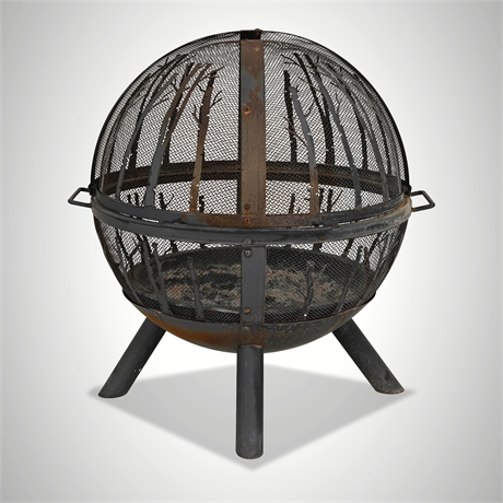 Woodland Tree Silhouette Sphere Fire Pit with Domed Screen & Poker