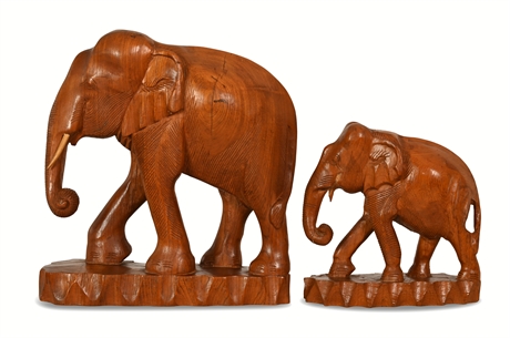 Pair Carved Teak Elephant Sculptures