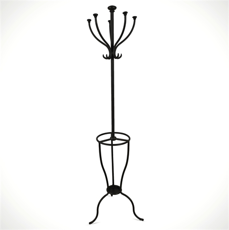 1940s Black Steel Hall Tree Coat Rack with Umbrella Stand, 59” Tall