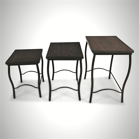3pc Asian Style Nesting Tables Steel Frame Wood Inlay Tops