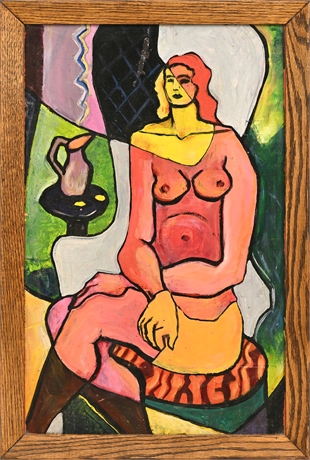 Oil on Canvas Fauvist Seated Nude — Oak Frame, 20th Century​​​​​​​