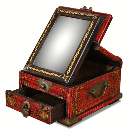 Chinese Red Lacquer Hand-Painted Wood Jewelry Box w/ Mirror & Brass Hardware