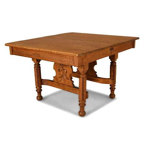 Early 1900s Arts & Crafts Oak Table with Carved Fruit Motif, Turned Legs