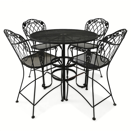 Vintage Woodard Chantilly Rose Iron Bar Set, 42" Table & 4 Armchairs