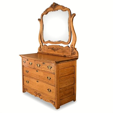 Antique Oak Dresser w/ Beveled Swivel Mirror – 4 Dovetail Drawers