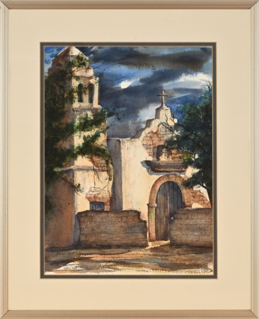 Kathy Hook Watercolor — Spanish Mission Church with Bell Tower & Arched Gate