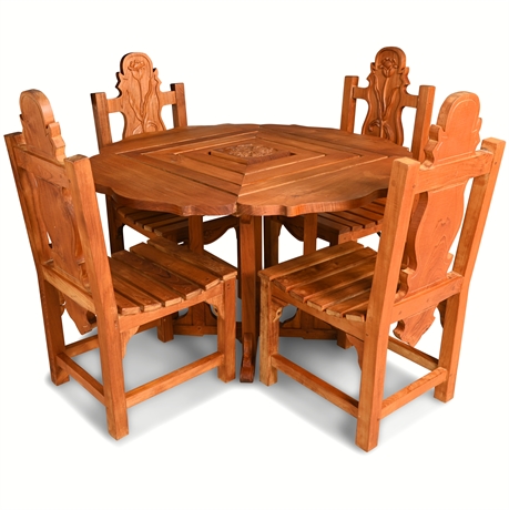 Handcrafted Teak Dining Set with Round Table and Four Carved Chairs