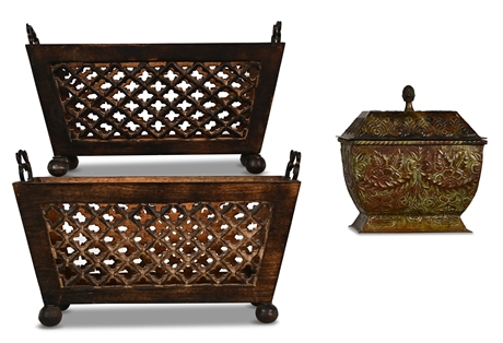 Pair Wood & Iron Baskets & Tin Box