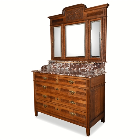 Late Victorian Eastlake Oak Marble-Top Commode w/ Mirror – 5 Lockable Drawers