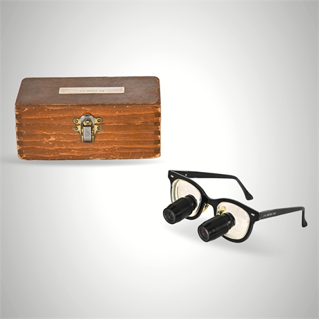 Vintage Surgical Loupes Glasses & Wooden Case — J.A. Ameriks, M.D., U.S.A.