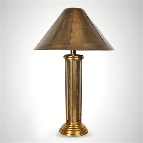 Indian Brass Columnar Table Lamp, Perforated Mesh Column & Shade, 3-Way
