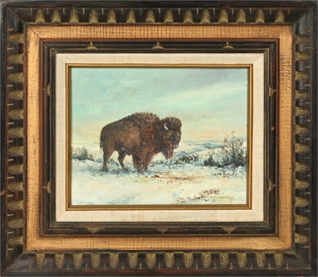 'Bison in Snow', Lorraine Kuehntopp Original Oil Painting