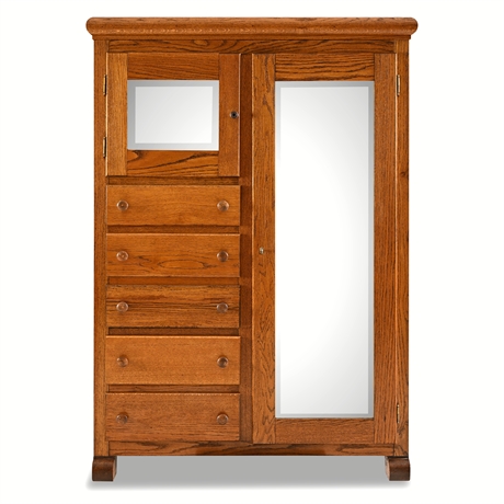 Antique Golden Oak Chifforobe — 2 Mirrored Doors, 5 Drawers, Key