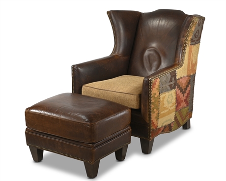 Leather Kilim Wingback Chair and Ottoman