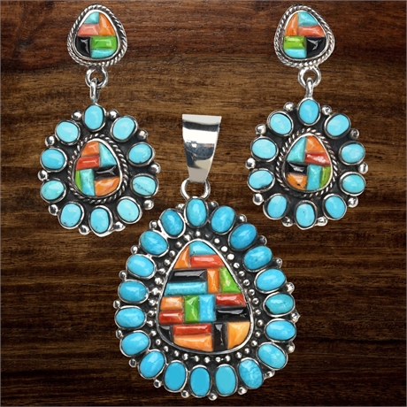 Tom Dewit Sleeping Beauty Turquoise Inlaid Pendant and Earring Set