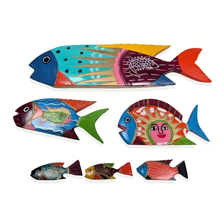 Mexican Folk Art Hand-Painted Carved Wood Fish, Set of 6