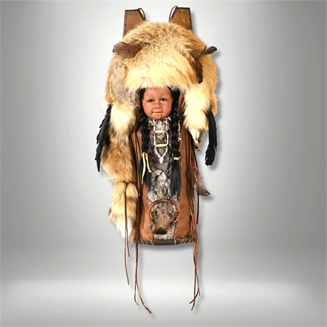 Indigenous-Style Cradleboard Doll — Mylo Head, Fur, Beads, Feathers