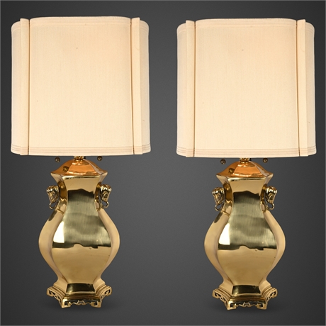 Pair Marbro Brass Urn Lamps w/ Original Shades, Double Sockets