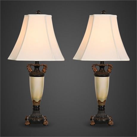 Neoclassical Urn-Form Table Lamps with Silk Bell Shades, Pair