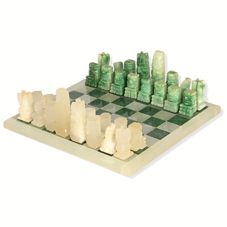 Hand-Carved Onyx Chess Set with Board - Inca/Aztec Style