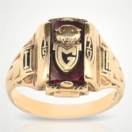 1910 10K Gold Josten Class Ring with Panther & Red Stone